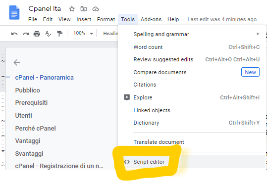 aprire ed usare lo Script editor di Google
